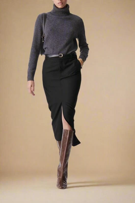 Grey Turtleneck with Black Pencil Skirt and Dark Brown Heeled Boots