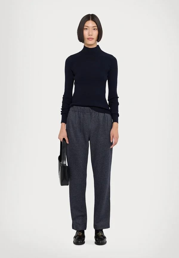 Navy Turtleneck with Grey Tailored Trousers and Black Loafers