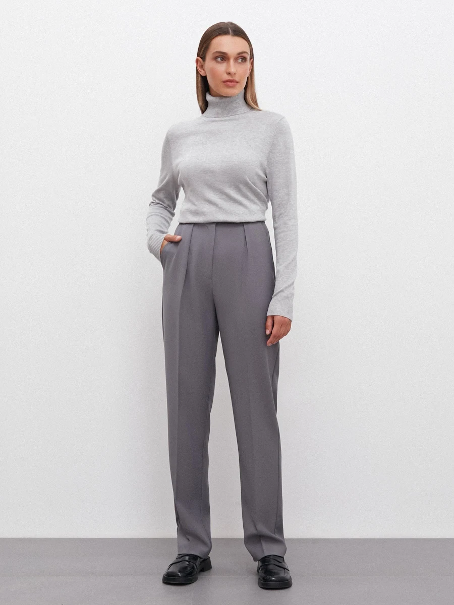 Grey Turtleneck with Grey Tailored Trousers and Black Loafers