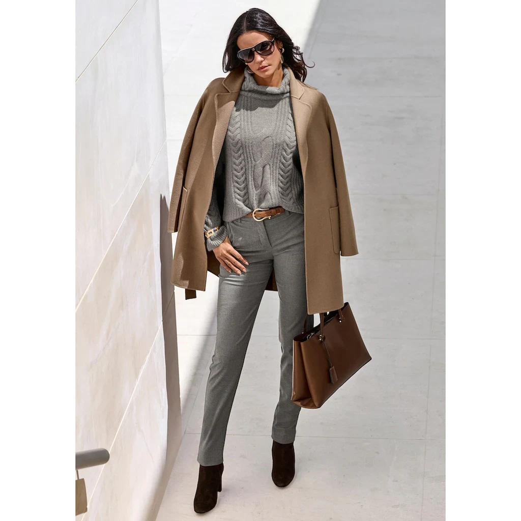 Grey Turtleneck with Grey Tailored Trousers and Brown Heeled Ankle Boots