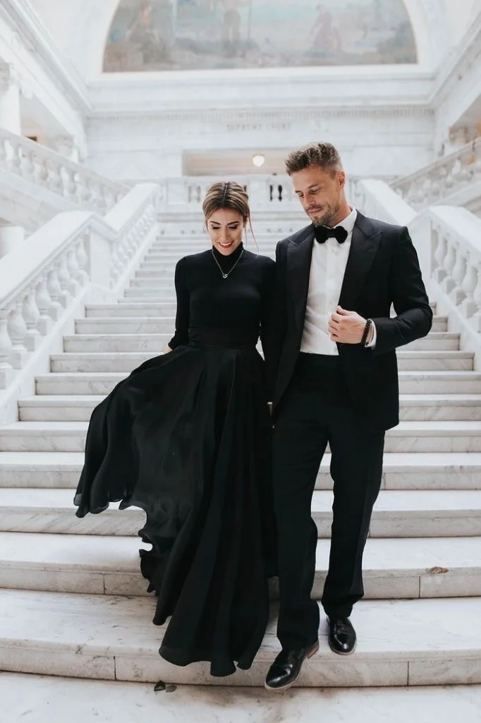 Dark Green Tuxedo Dress with A Pearl Bracelet