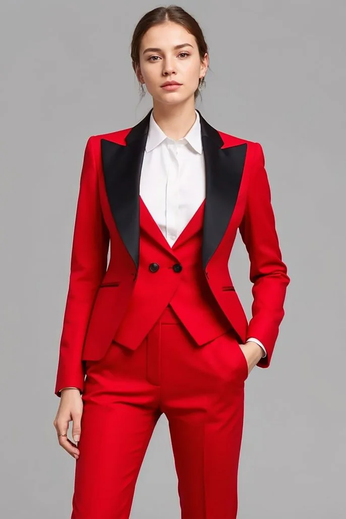Deep Red Tuxedo Dress with Silver Drop Earrings