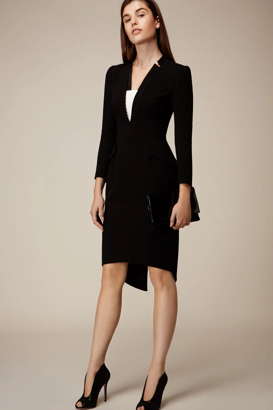 Navy Tuxedo Dress with Silver Drop Earrings