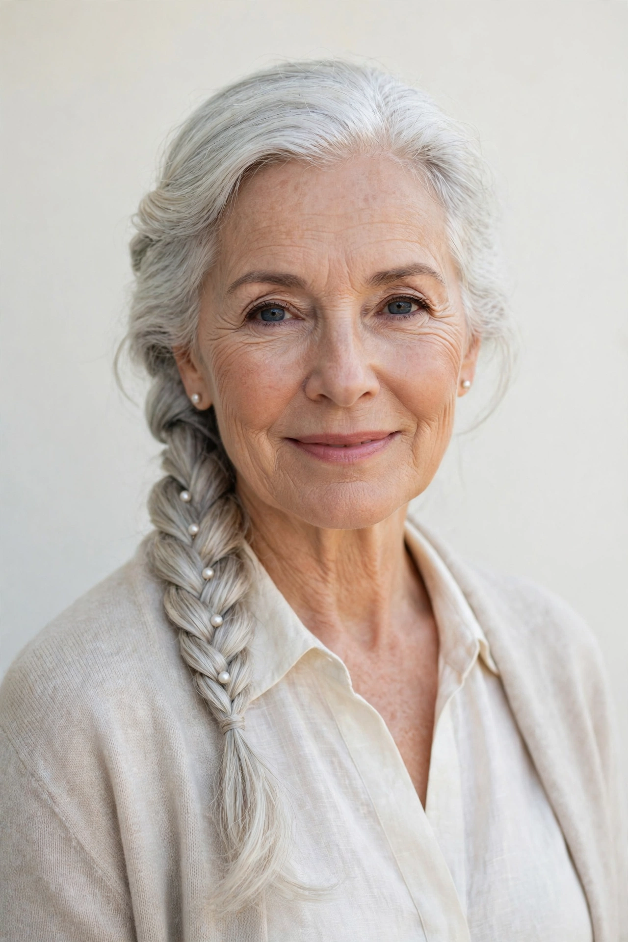Silver Valentine Braided Hairstyles with a Soft Side Braid with Delicate Pearl Pins