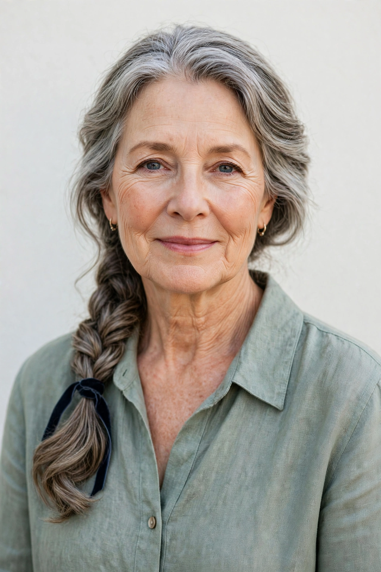Soft Grey-Blended Valentine Braided Hairstyles with a Soft Side Braid with a Slim Velvet Ribbon