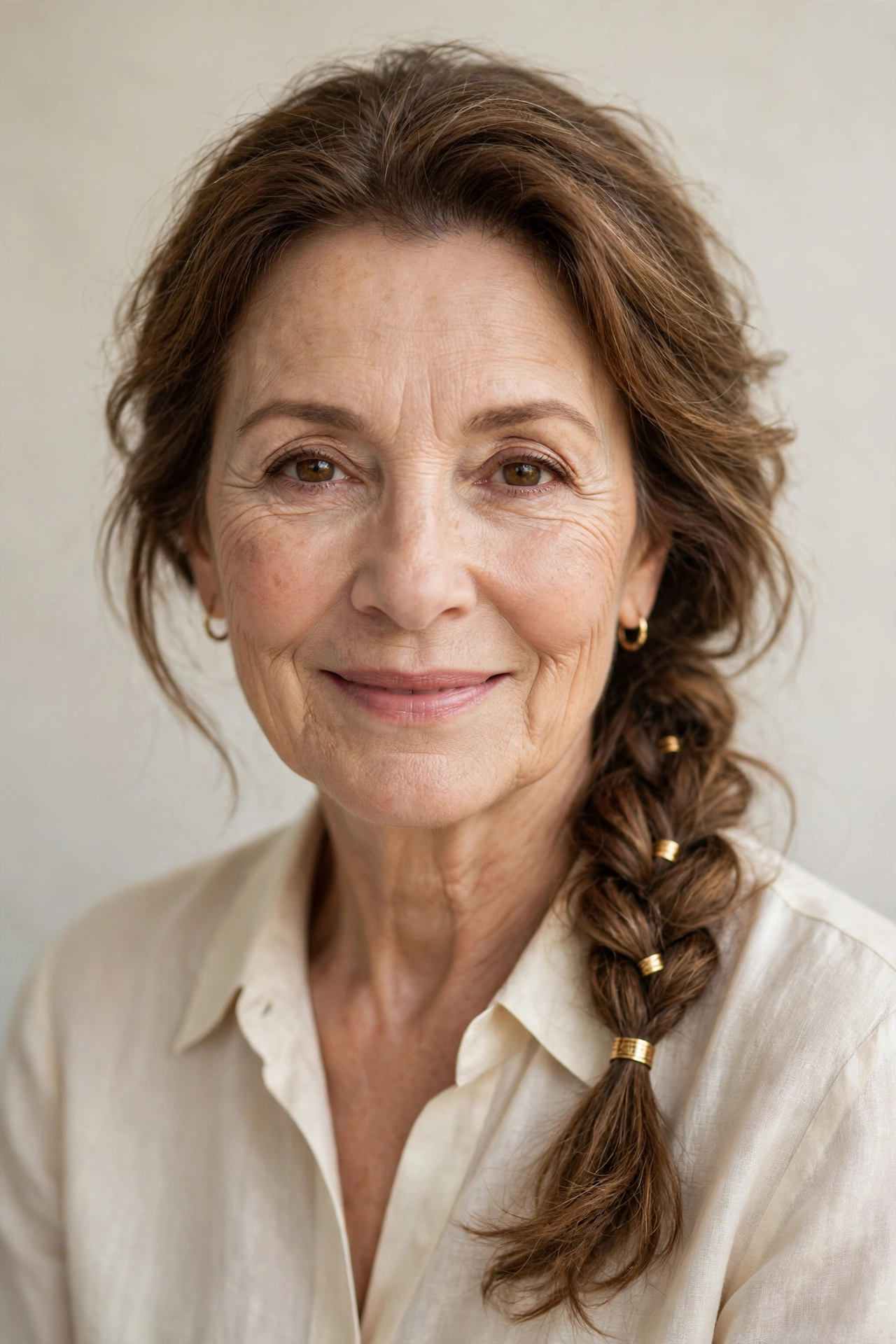 Warm Brown Valentine Braided Hairstyles with a Soft Side Braid with Small Gold Cuffs
