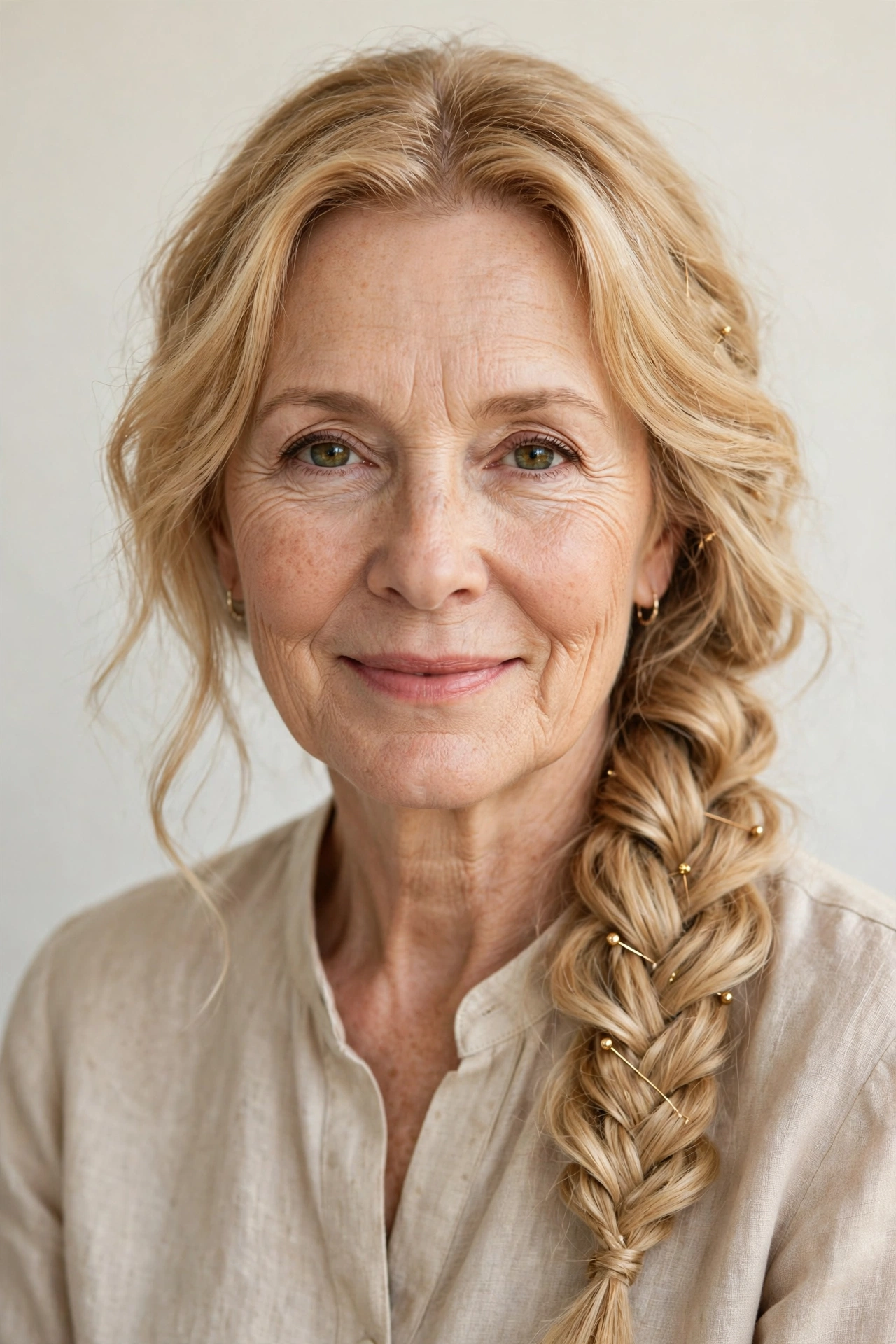 Golden Blonde Valentine Braided Hairstyles with a Soft Side Braid with Minimal Gold Pins