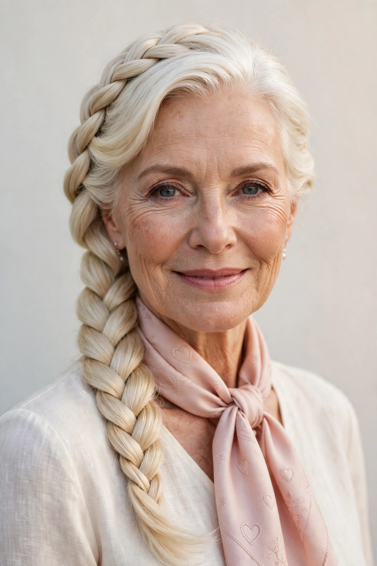 Valentine Braided Hairstyles with a Soft Side Braid in platinum blonde with a smooth and polished finish