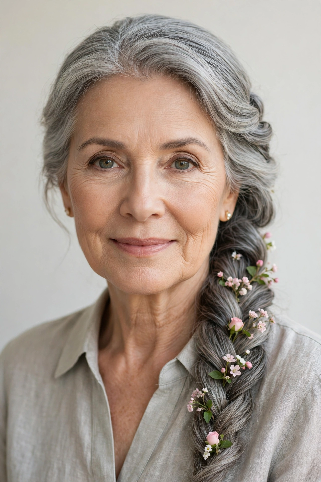Soft Grey-Blended Valentine Braided Hairstyles with a Soft Side Braid with Tiny Fresh Flowers