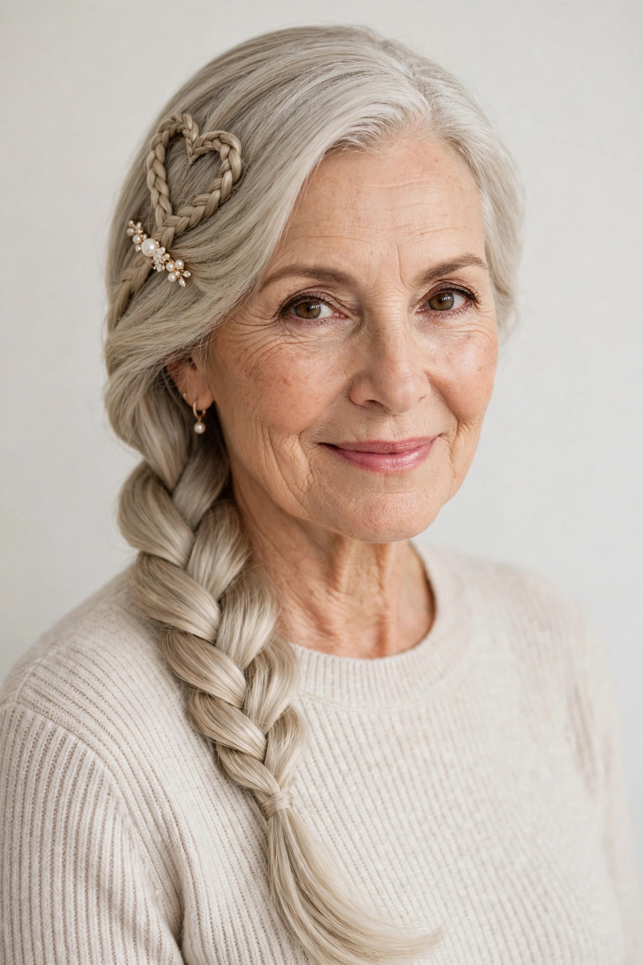 Valentine Braided Hairstyles with a Soft Side Braid in ash blonde with a glossy and neat finish