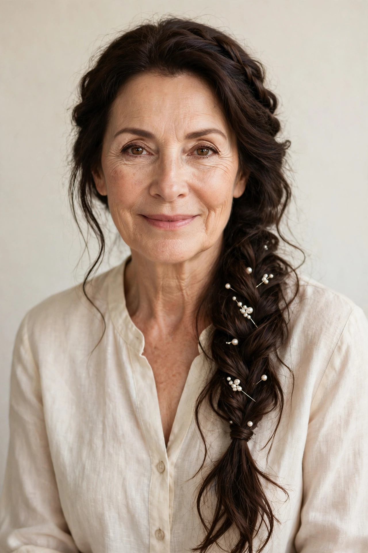 Dark Chocolate Valentine Braided Hairstyles with a Soft Side Braid with Delicate Pearl Pins