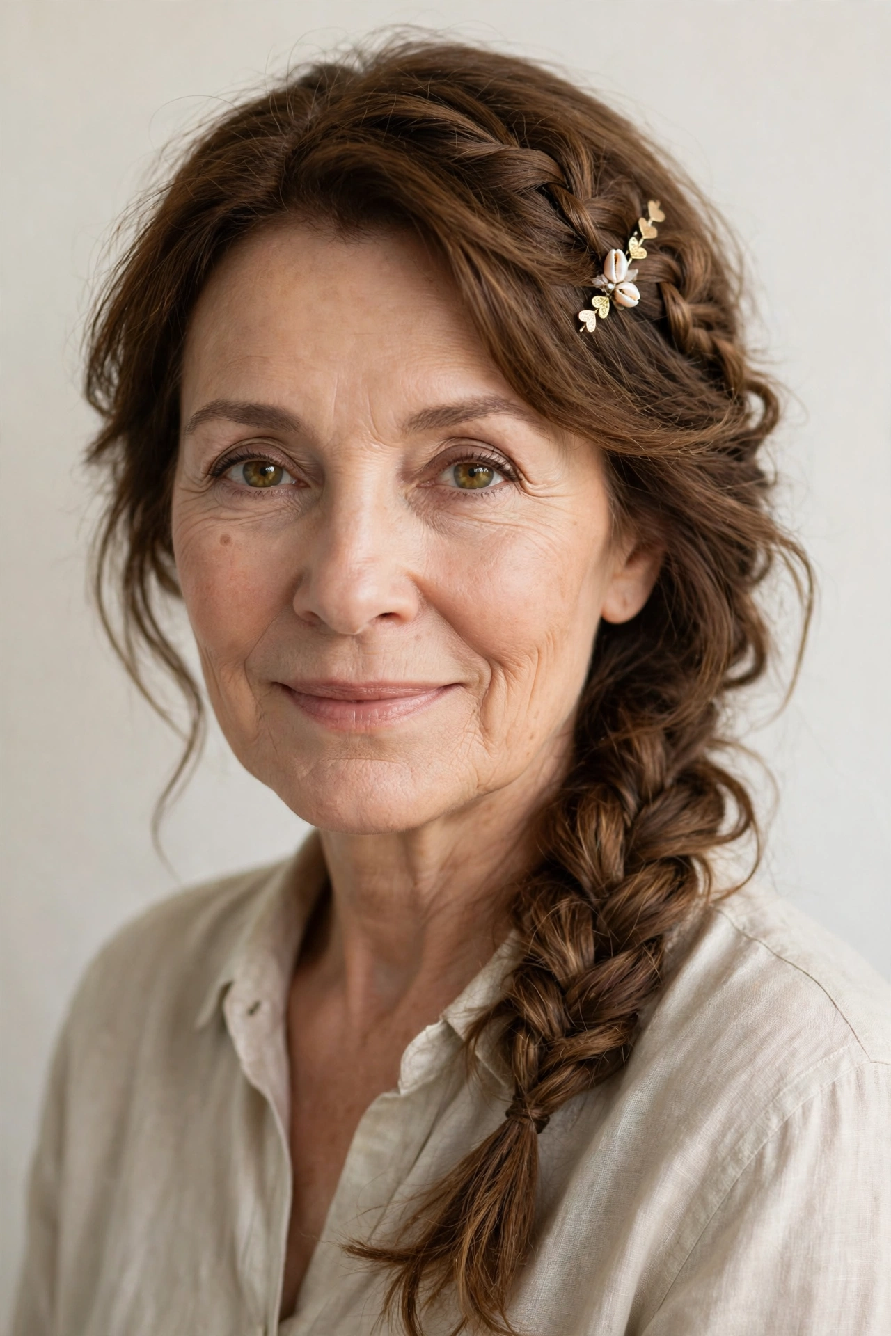 Valentine Braided Hairstyles with a Soft Side Braid in warm brown with a gently tousled finish