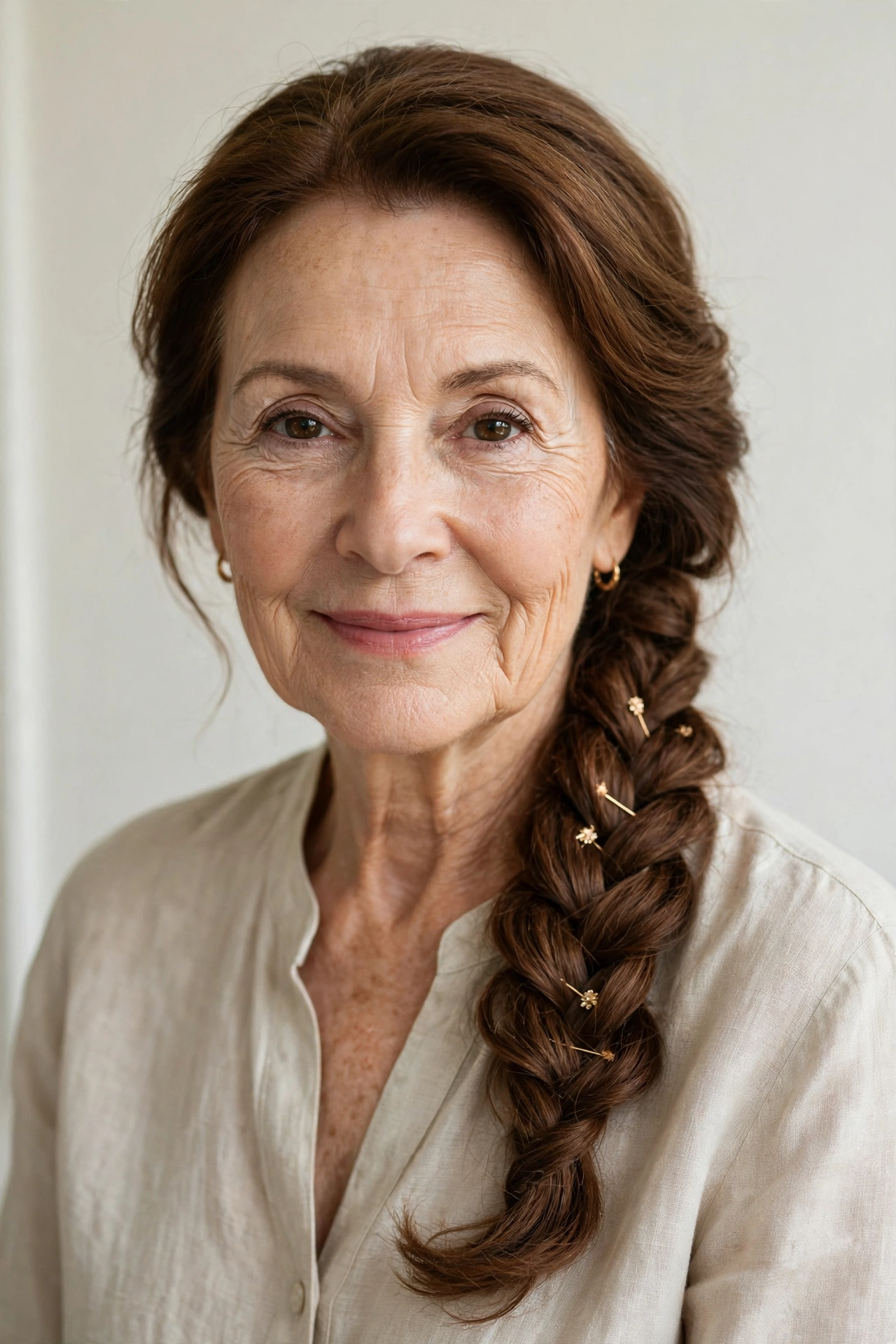 Chestnut Valentine Braided Hairstyles with a Soft Side Braid with Minimal Gold Pins