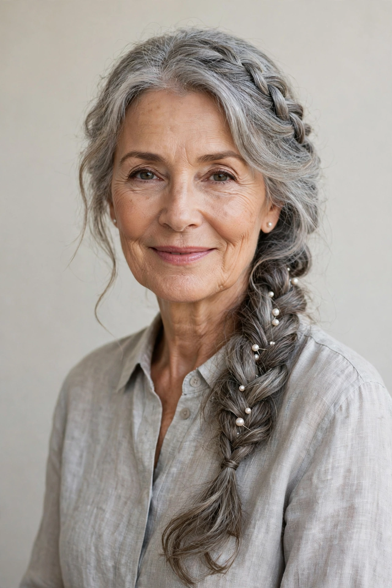 Soft Grey-Blended Valentine Braided Hairstyles with a Soft Side Braid with Delicate Pearl Pins