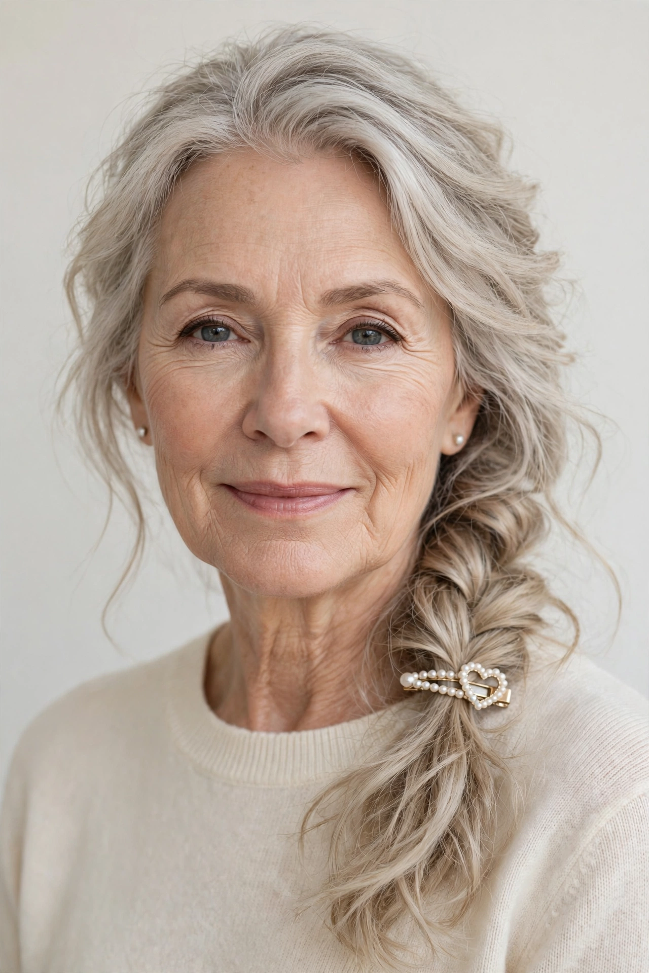 Valentine Braided Hairstyles with a Soft Side Braid in ash blonde with a gently tousled finish