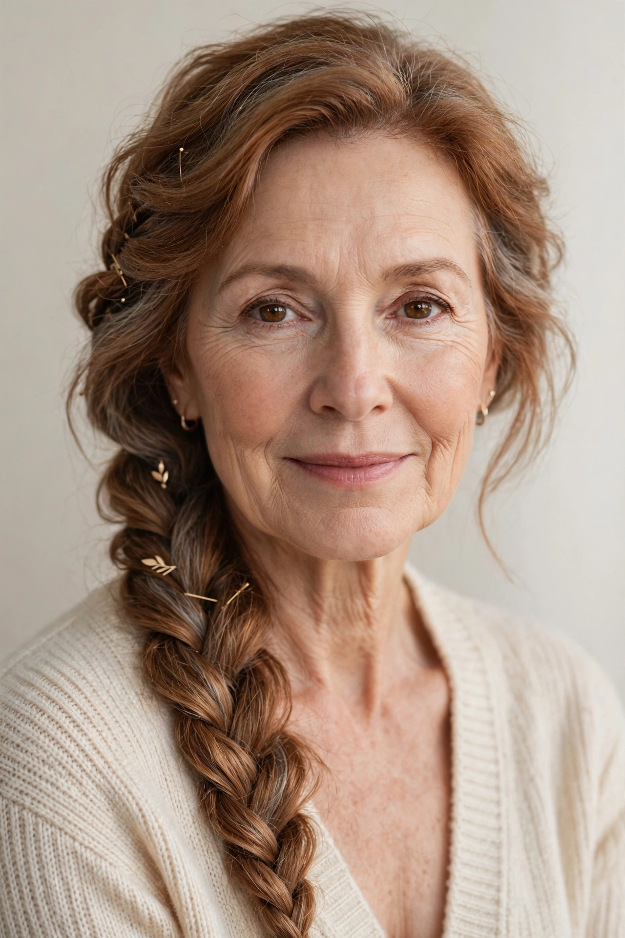 Soft Auburn Valentine Braided Hairstyles with a Soft Side Braid with Minimal Gold Pins