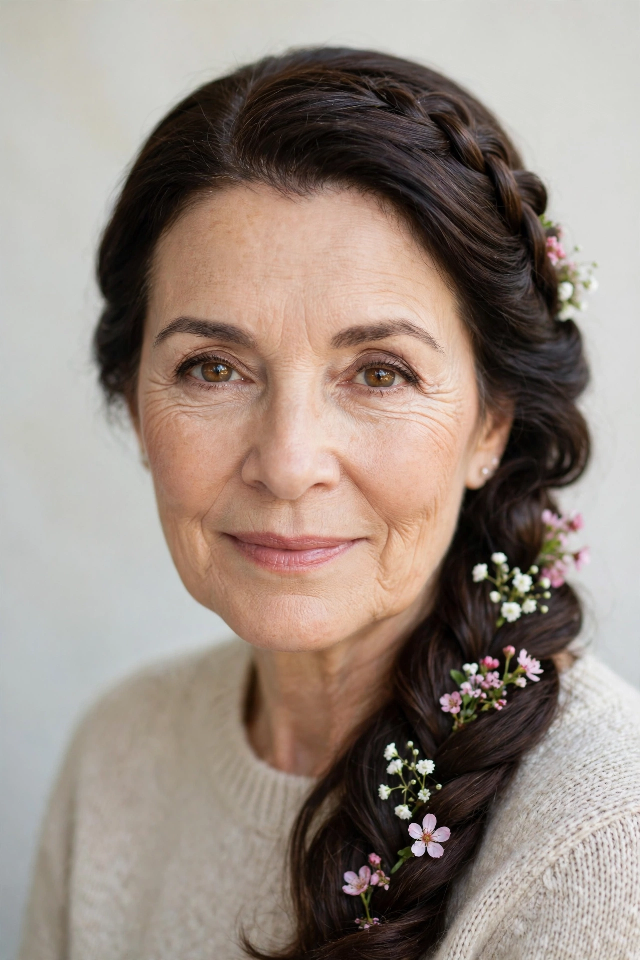 Dark Chocolate Valentine Braided Hairstyles with a Soft Side Braid with Tiny Fresh Flowers for A Spring Brunch