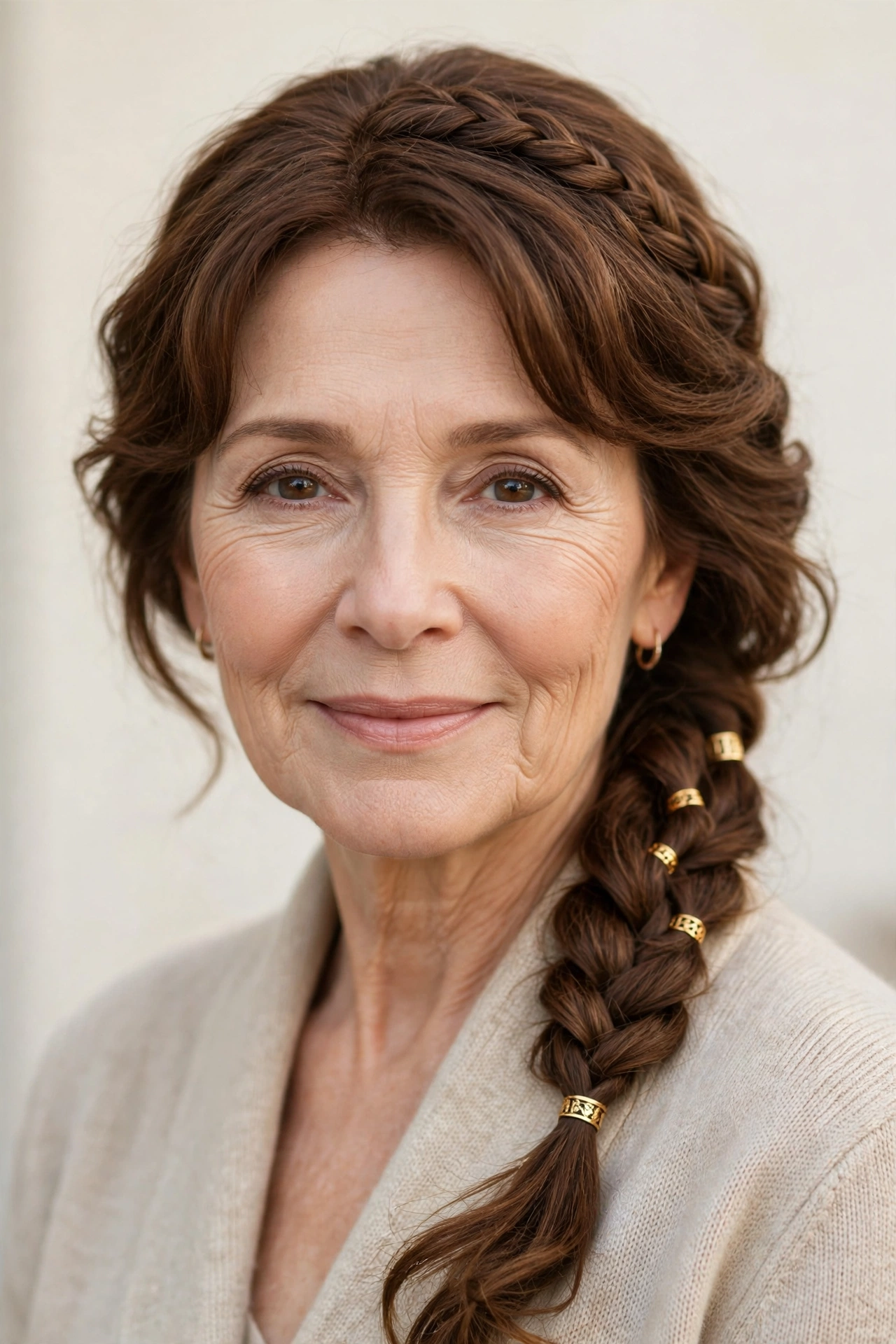 Chestnut Valentine Braided Hairstyles with a Soft Side Braid with Small Gold Cuffs for A Romantic Evening Out