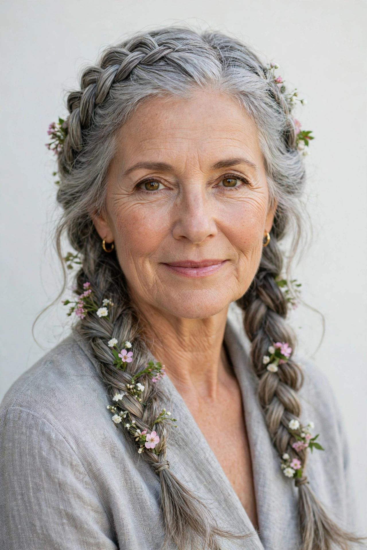Soft Grey-Blended Valentine Braided Hairstyles with Grey Hair and Texture with Tiny Fresh Flowers