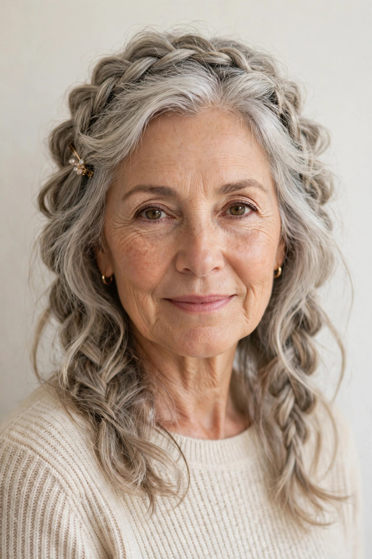 Valentine Braided Hairstyles with Grey Hair and Texture in ash blonde with a gently tousled finish