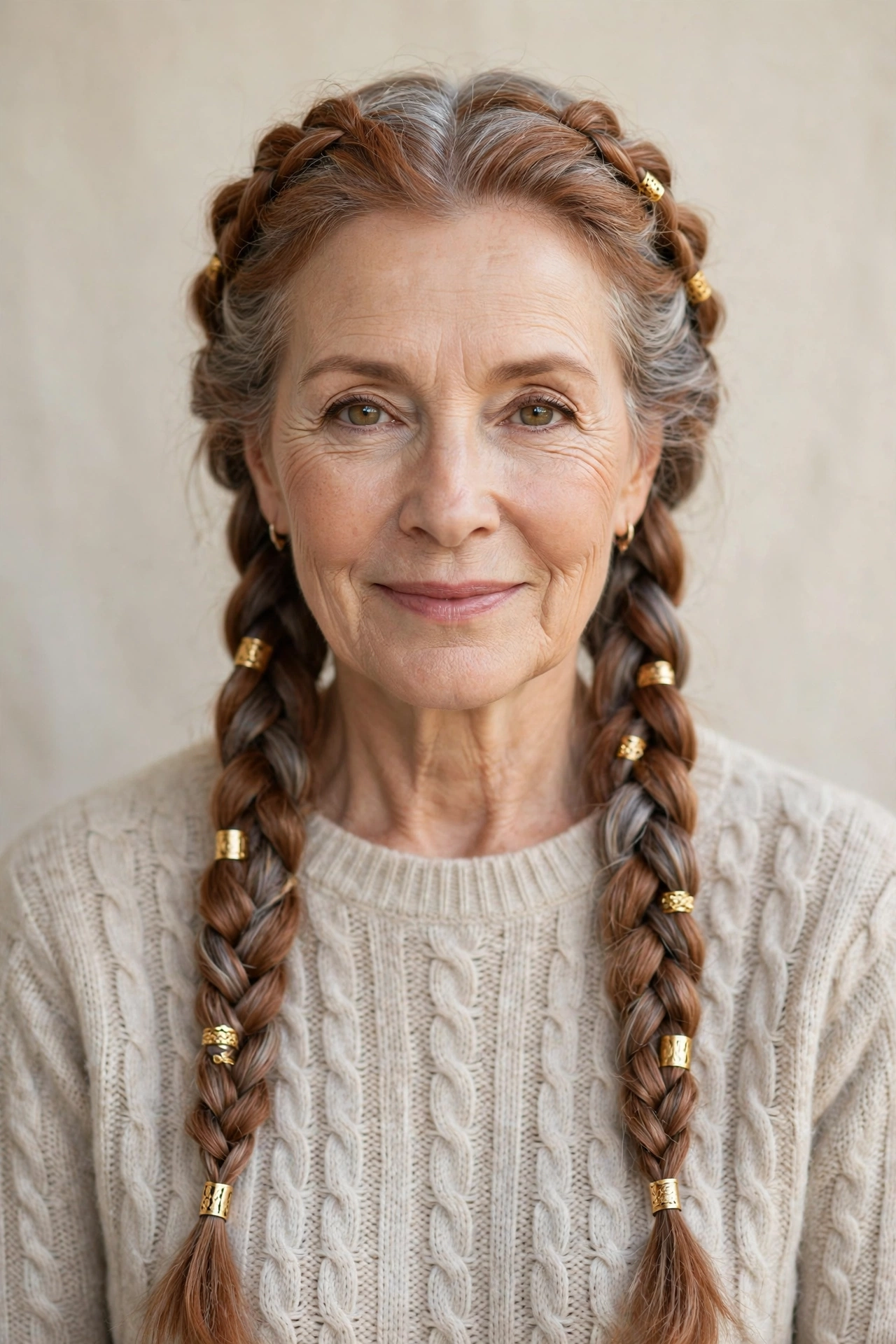 Soft Auburn Valentine Braided Hairstyles with Grey Hair and Texture with Small Gold Cuffs