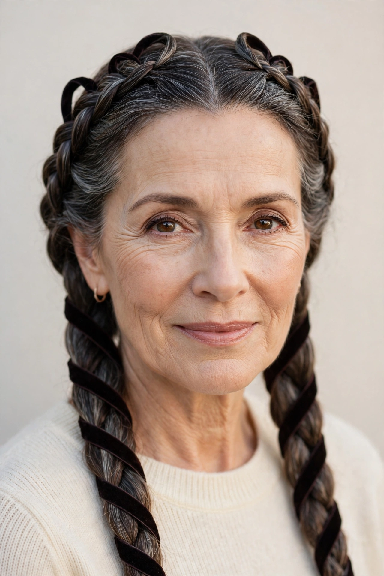 Valentine Braided Hairstyles with Grey Hair and Texture in deep brunette with a smooth and polished finish