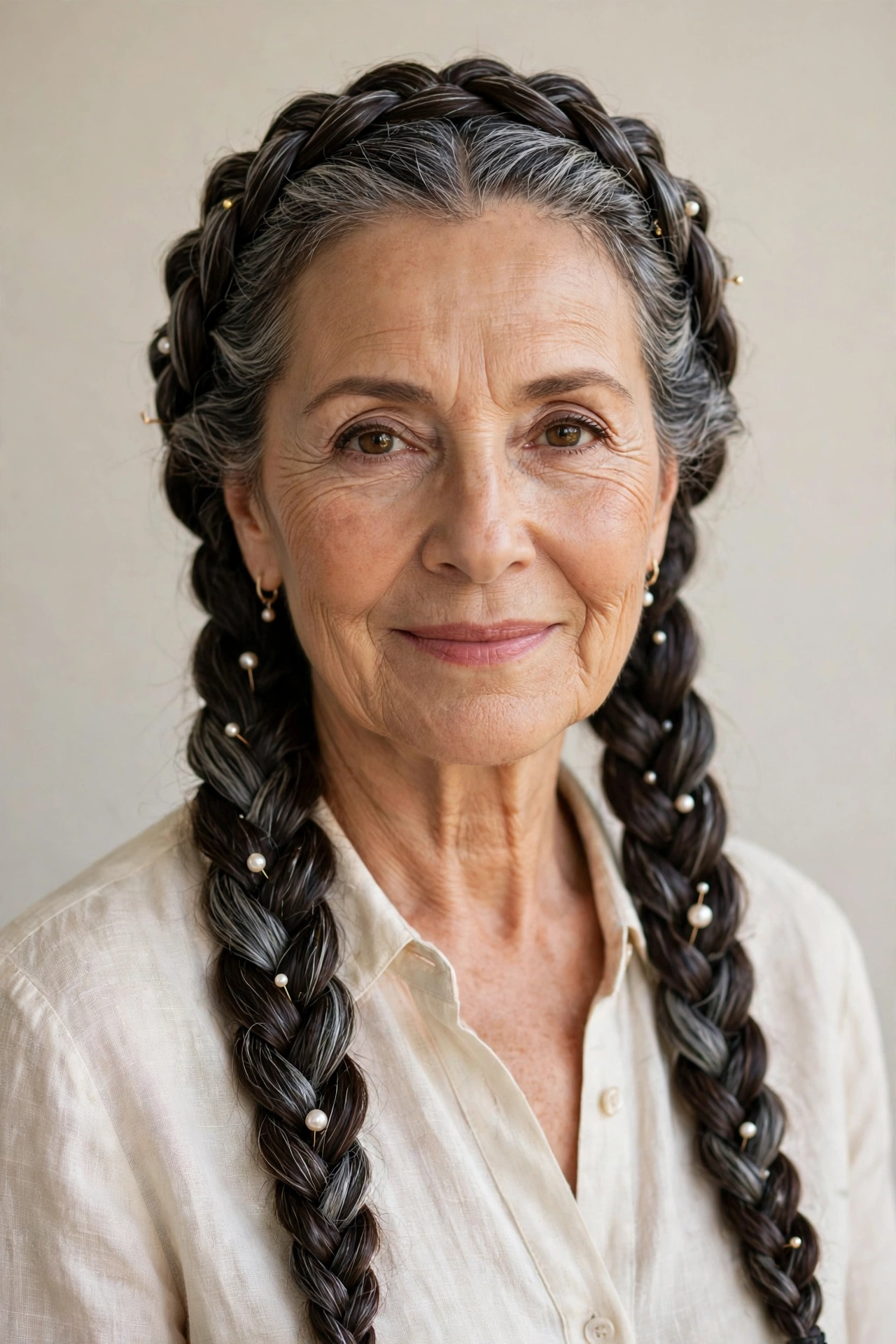 Dark Chocolate Valentine Braided Hairstyles with Grey Hair and Texture with Delicate Pearl Pins