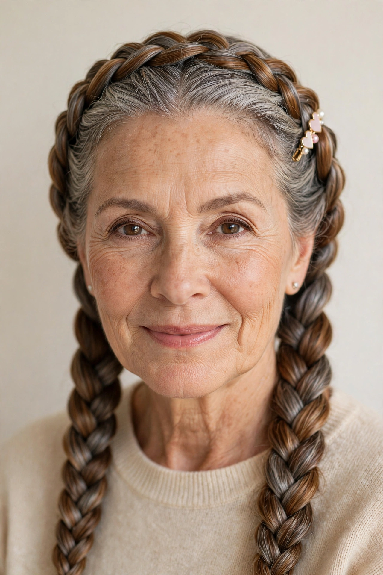 Valentine Braided Hairstyles with Grey Hair and Texture in warm brown with a glossy and neat finish