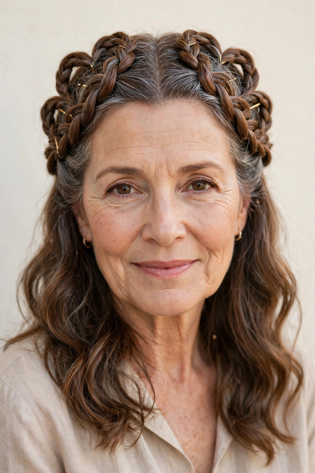 Chestnut Valentine Braided Hairstyles with Grey Hair and Texture with Minimal Gold Pins