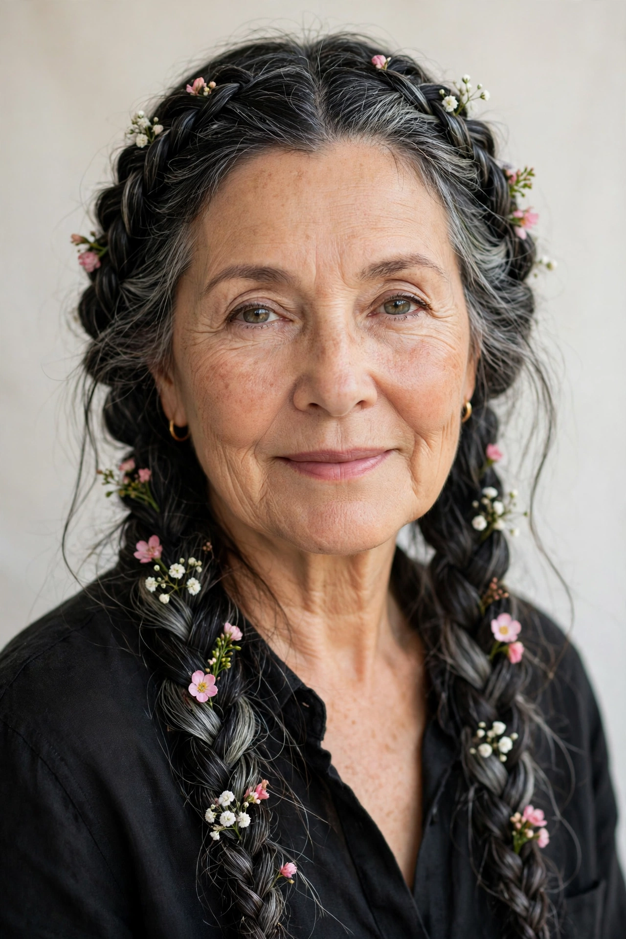 Soft Black Valentine Braided Hairstyles with Grey Hair and Texture with Tiny Fresh Flowers