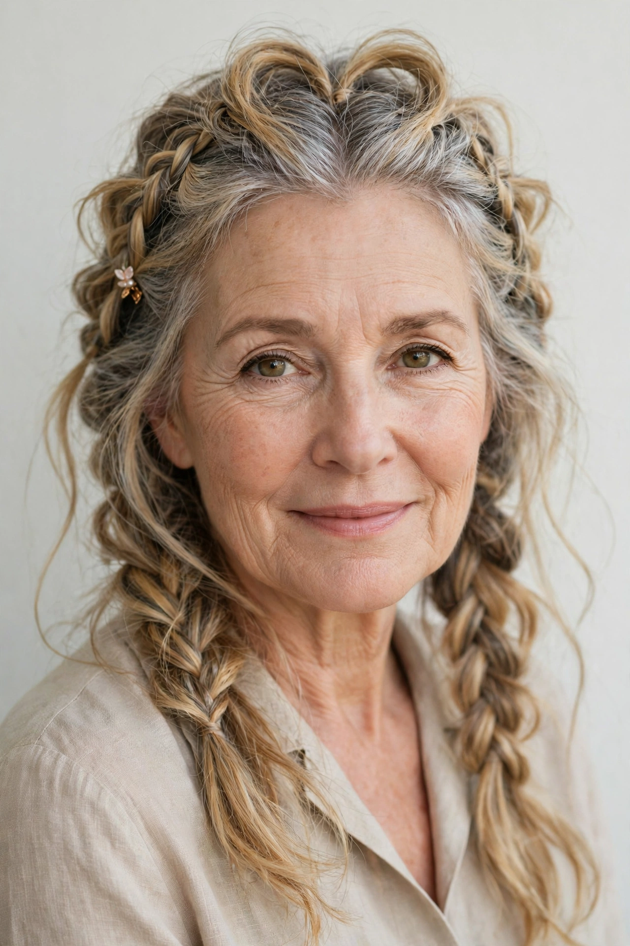 Valentine Braided Hairstyles with Grey Hair and Texture in honey blonde with a gently tousled finish