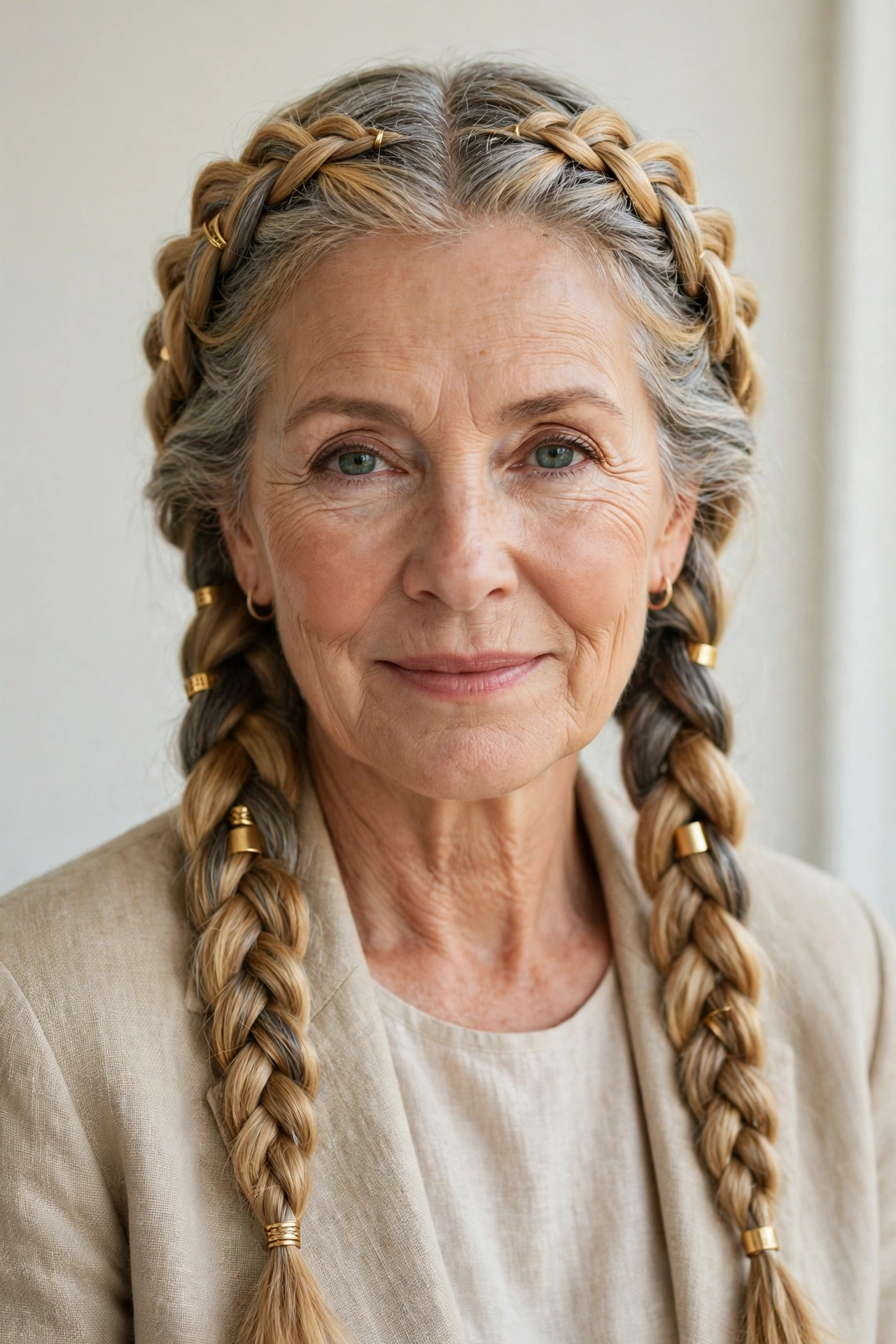 Golden Blonde Valentine Braided Hairstyles with Grey Hair and Texture with Small Gold Cuffs