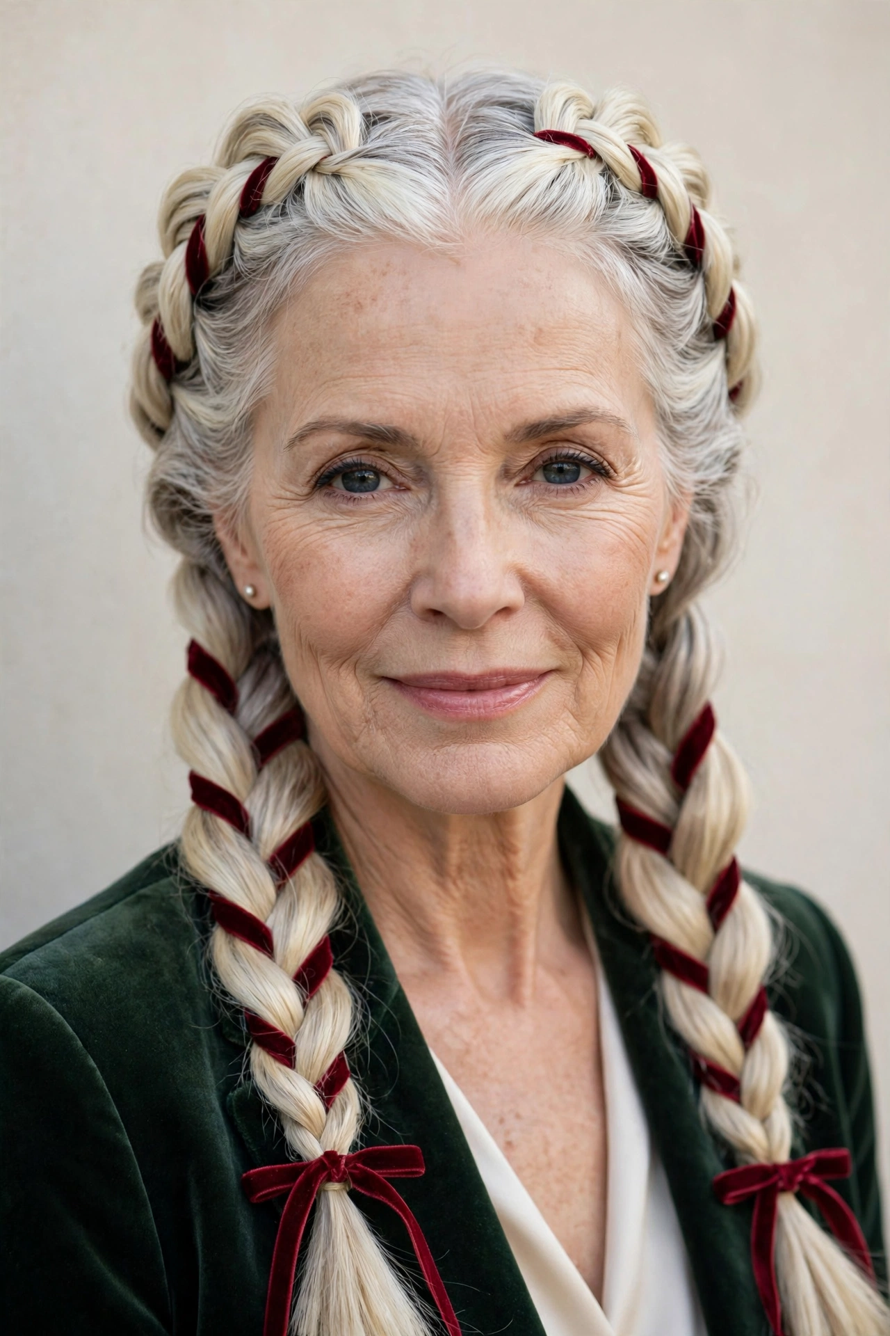 Valentine Braided Hairstyles with Grey Hair and Texture in platinum blonde with a smooth and polished finish