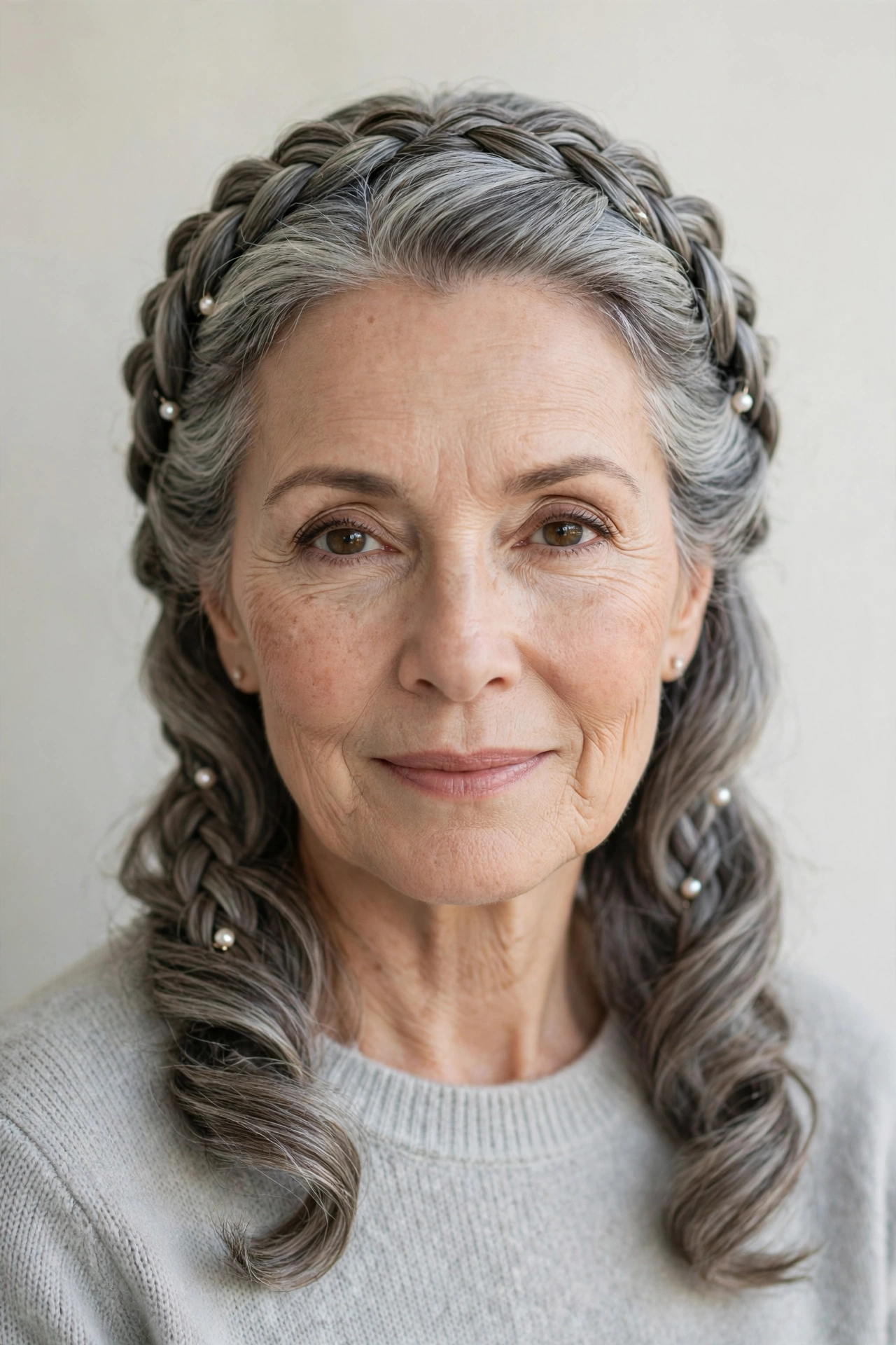Soft Grey-Blended Valentine Braided Hairstyles with Grey Hair and Texture with Delicate Pearl Pins