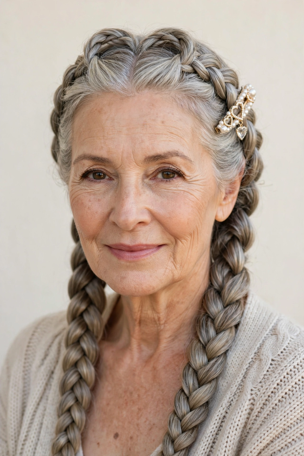 Valentine Braided Hairstyles with Grey Hair and Texture in ash blonde with a glossy and neat finish