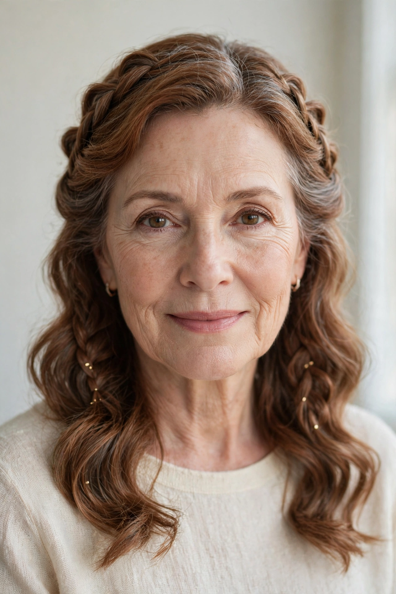 Soft Auburn Valentine Braided Hairstyles with Grey Hair and Texture with Minimal Gold Pins