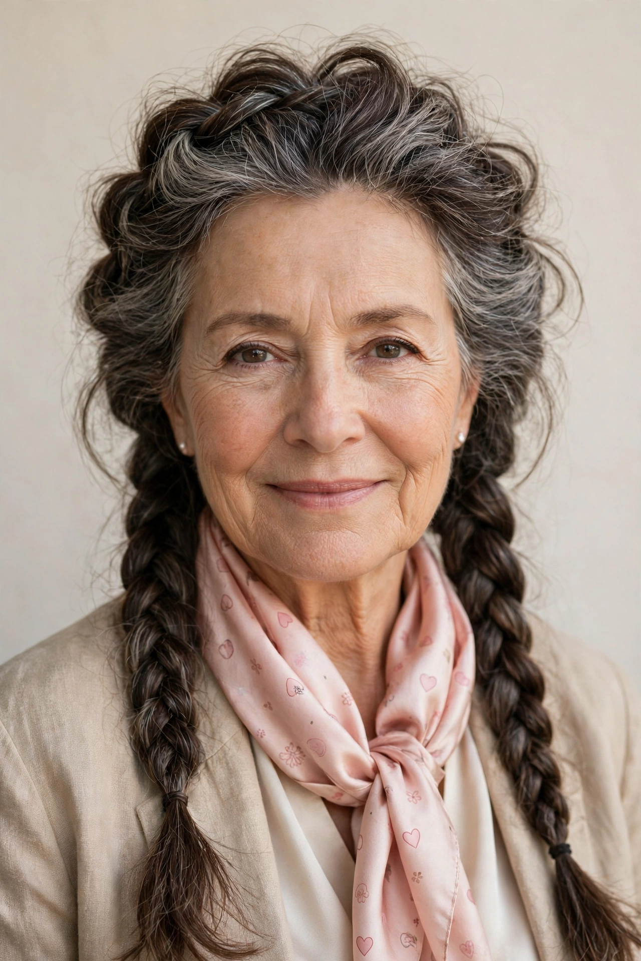 Valentine Braided Hairstyles with Grey Hair and Texture in deep brunette with a voluminous at the roots finish