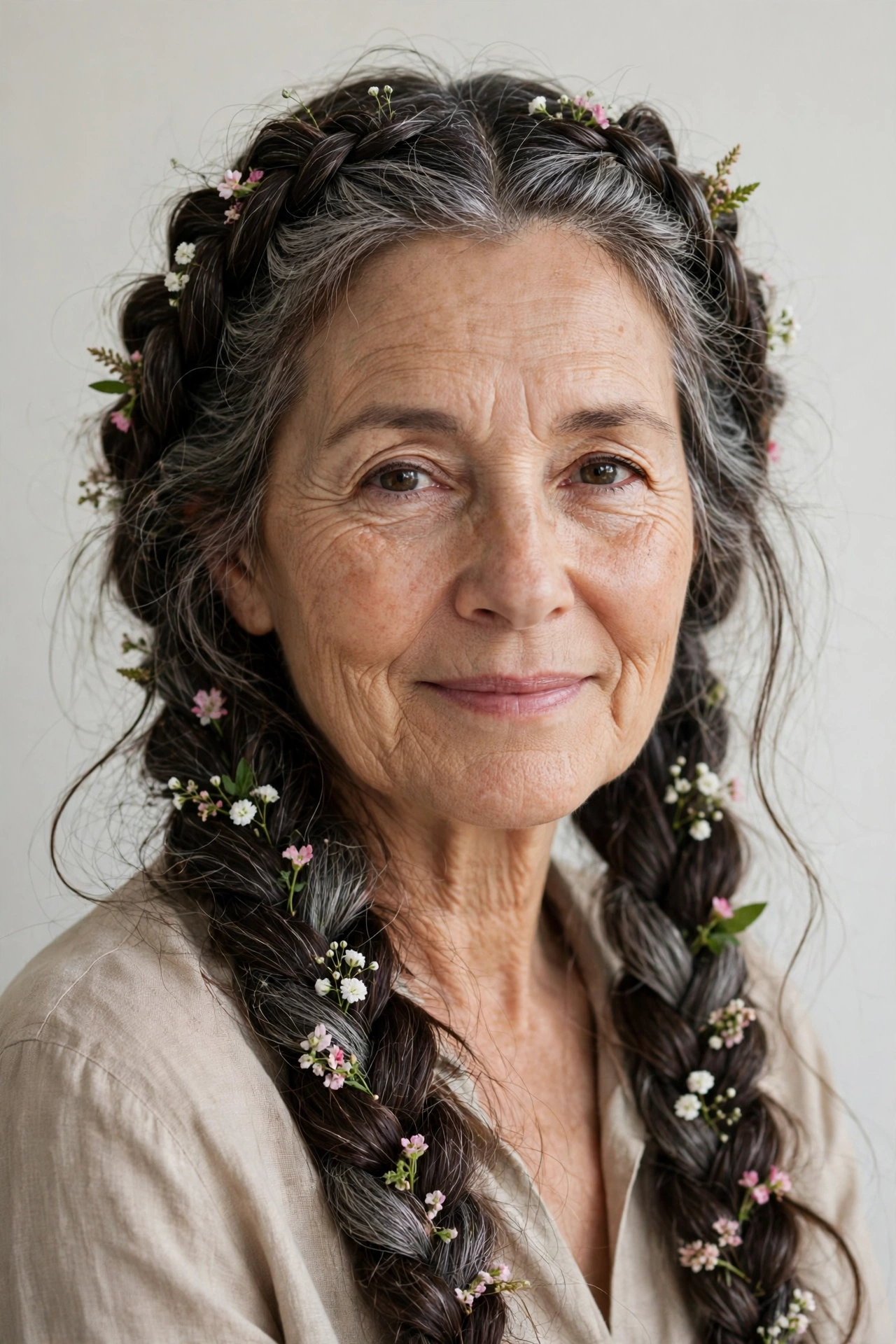 Dark Chocolate Valentine Braided Hairstyles with Grey Hair and Texture with Tiny Fresh Flowers