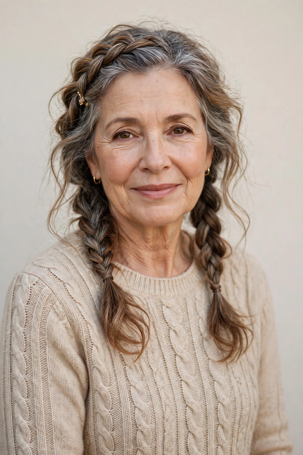 Valentine Braided Hairstyles with Grey Hair and Texture in warm brown with a gently tousled finish