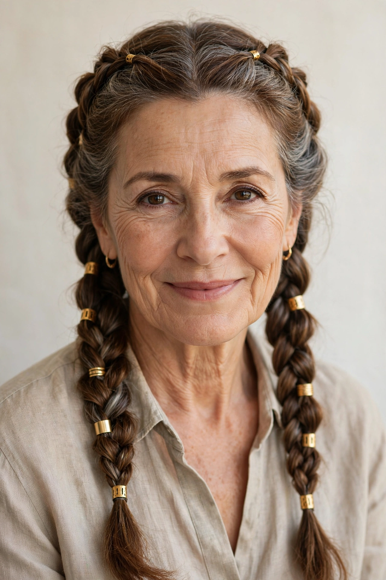 Chestnut Valentine Braided Hairstyles with Grey Hair and Texture with Small Gold Cuffs