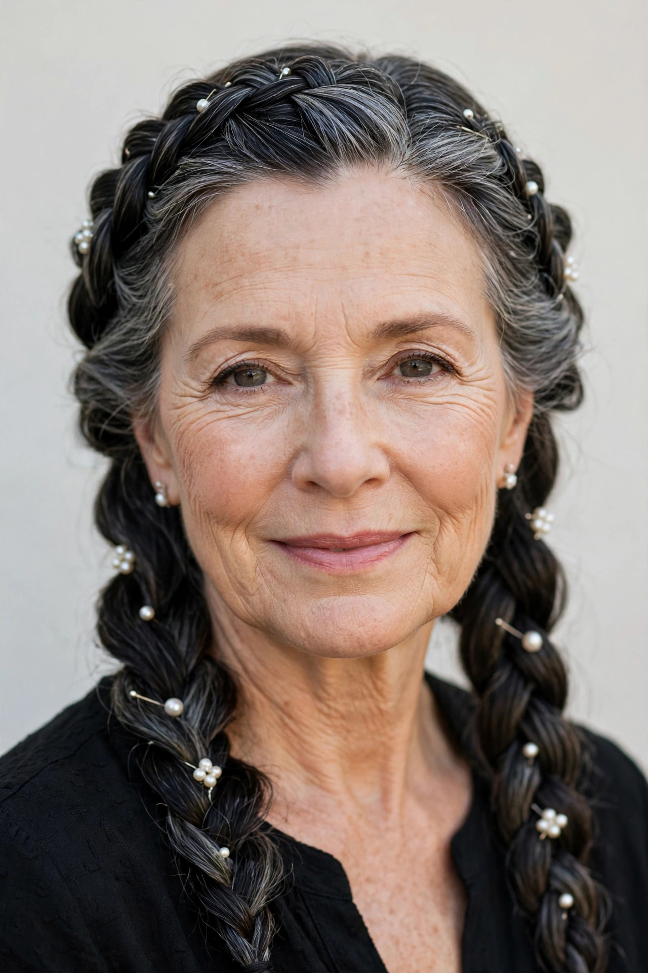 Soft Black Valentine Braided Hairstyles with Grey Hair and Texture with Delicate Pearl Pins