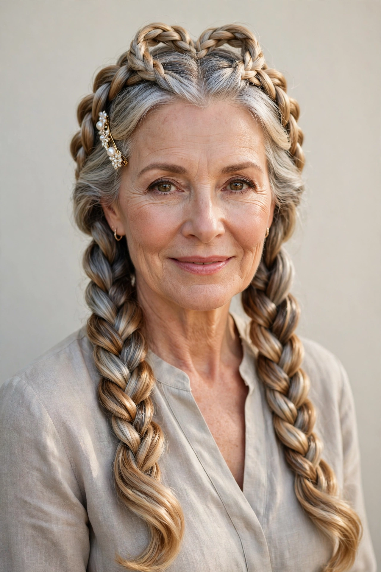 Valentine Braided Hairstyles with Grey Hair and Texture in honey blonde with a glossy and neat finish
