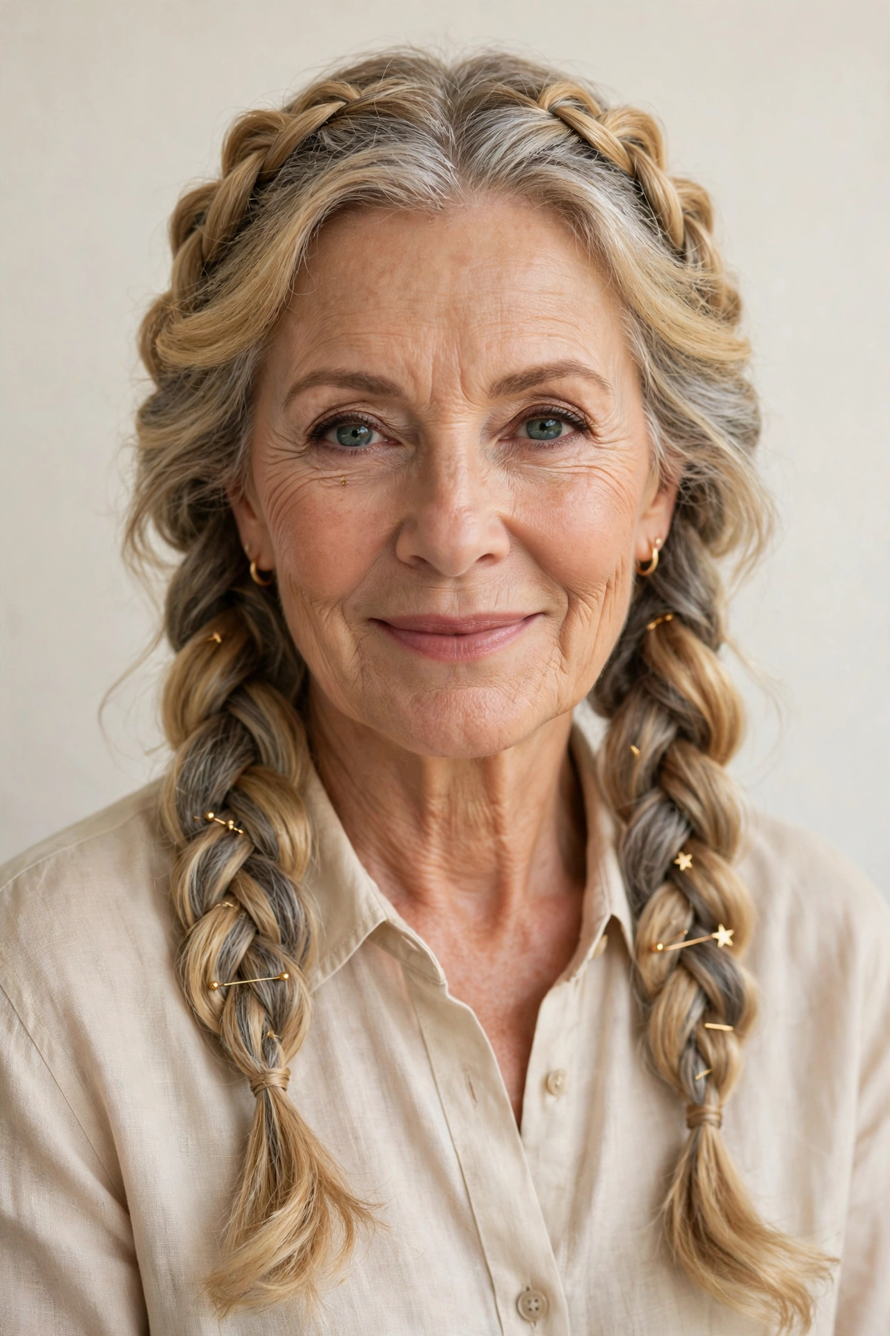 Golden Blonde Valentine Braided Hairstyles with Grey Hair and Texture with Minimal Gold Pins