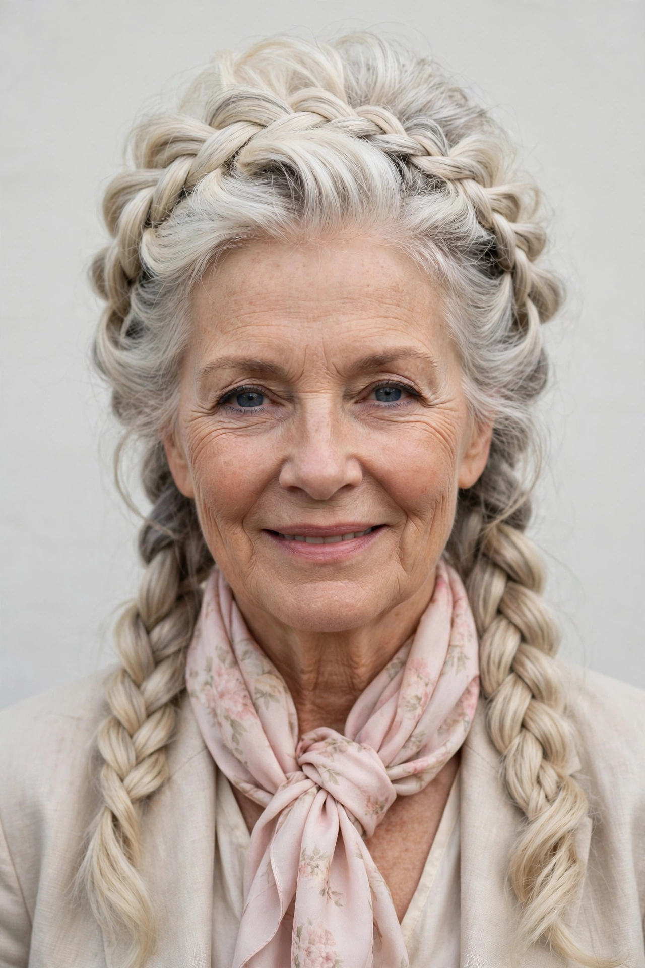 Valentine Braided Hairstyles with Grey Hair and Texture in platinum blonde with a voluminous at the roots finish