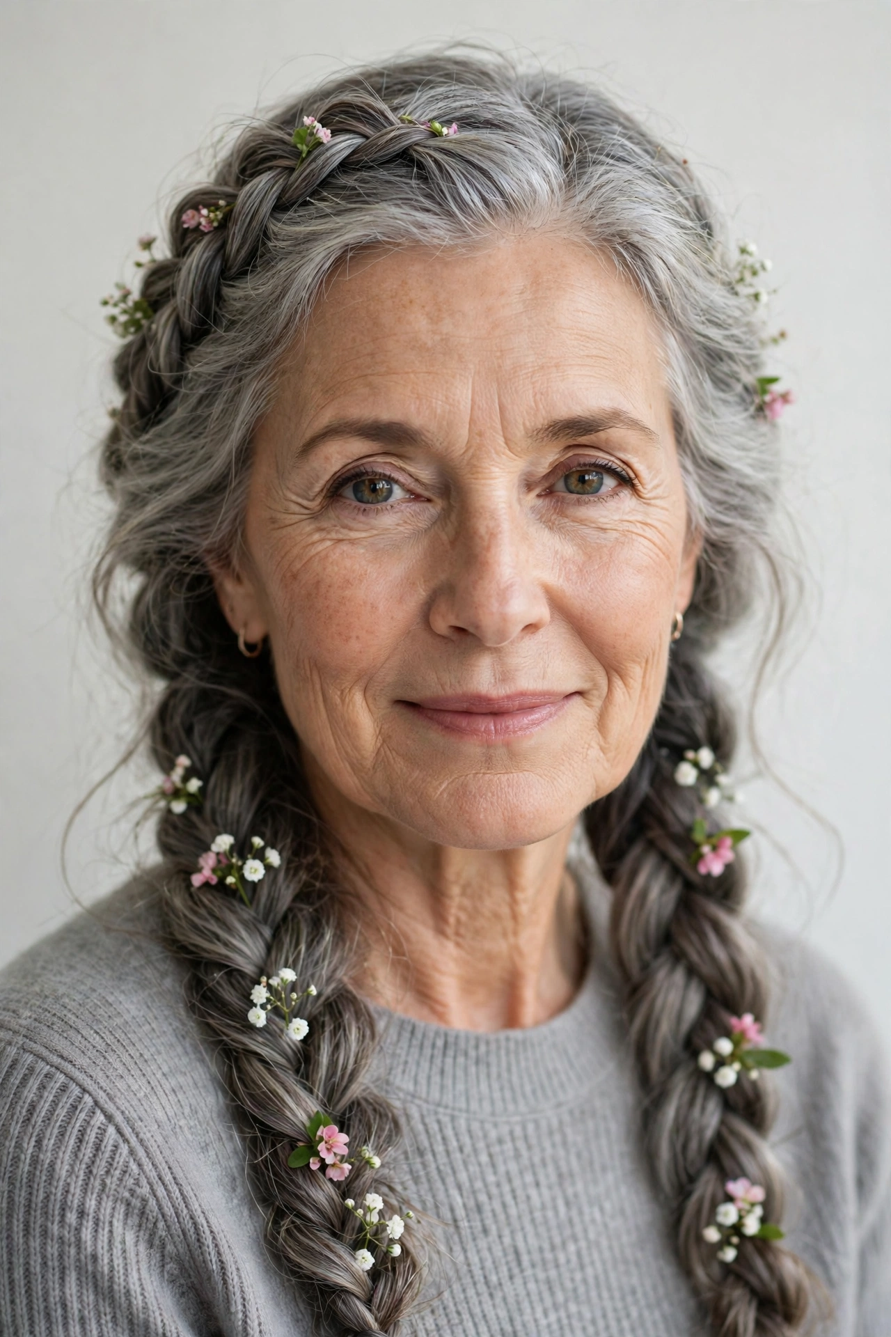 Soft Grey-Blended Valentine Braided Hairstyles with Grey Hair and Texture with Tiny Fresh Flowers for A Romantic Evening Out
