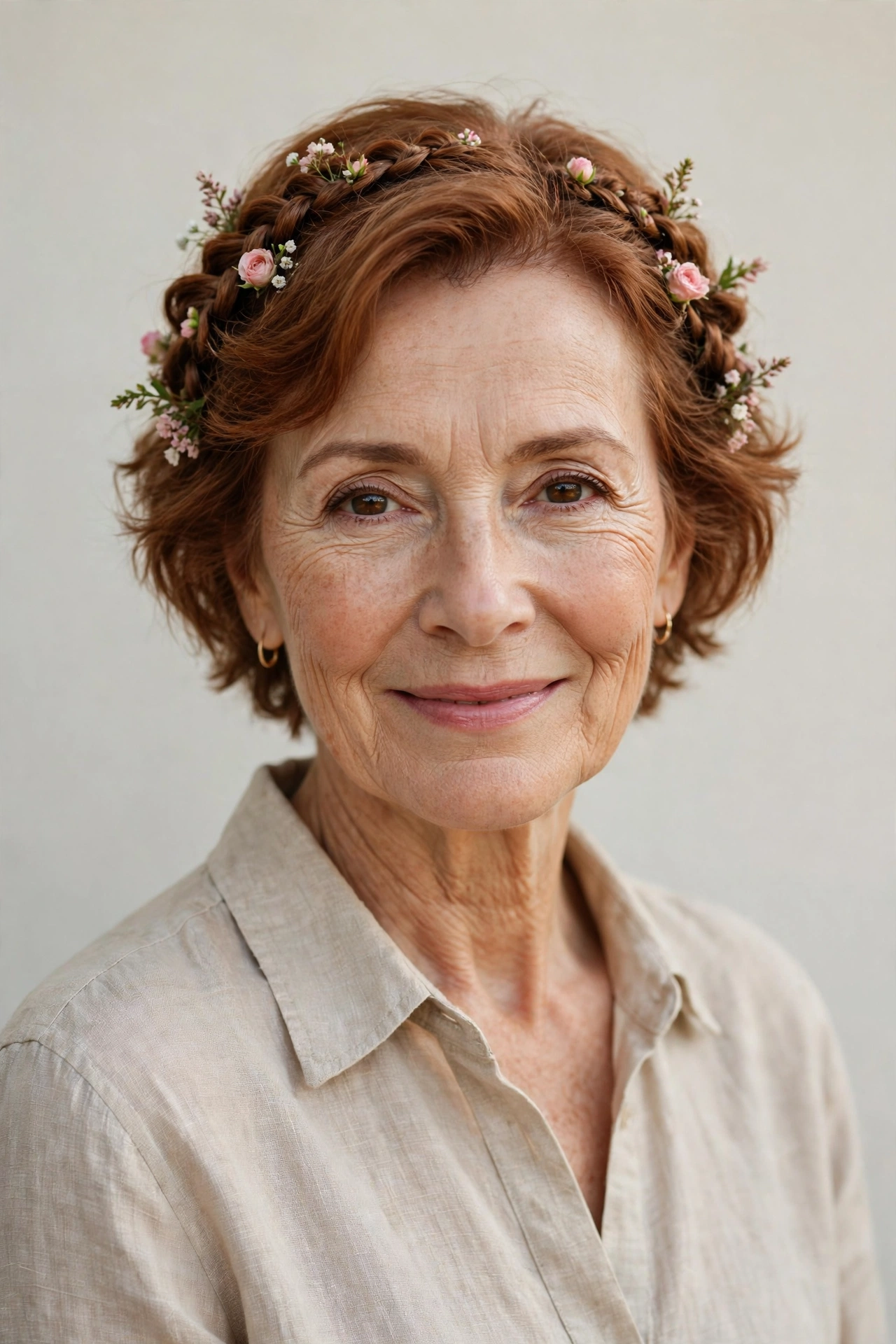 Soft Auburn Valentine Braided Hairstyles with Short Hair and Pins with Tiny Fresh Flowers