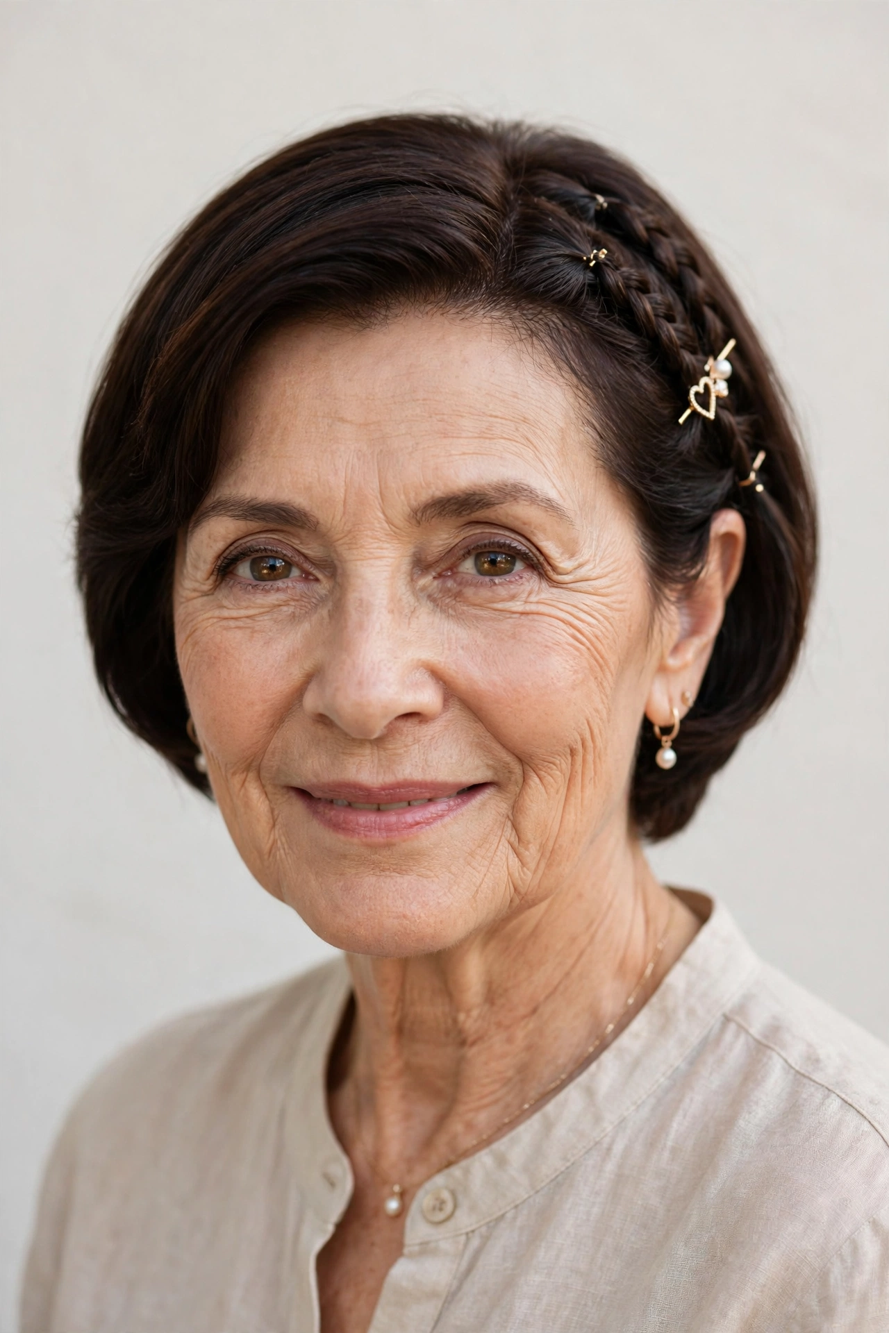 Valentine Braided Hairstyles with Short Hair and Pins in deep brunette with a smooth and polished finish