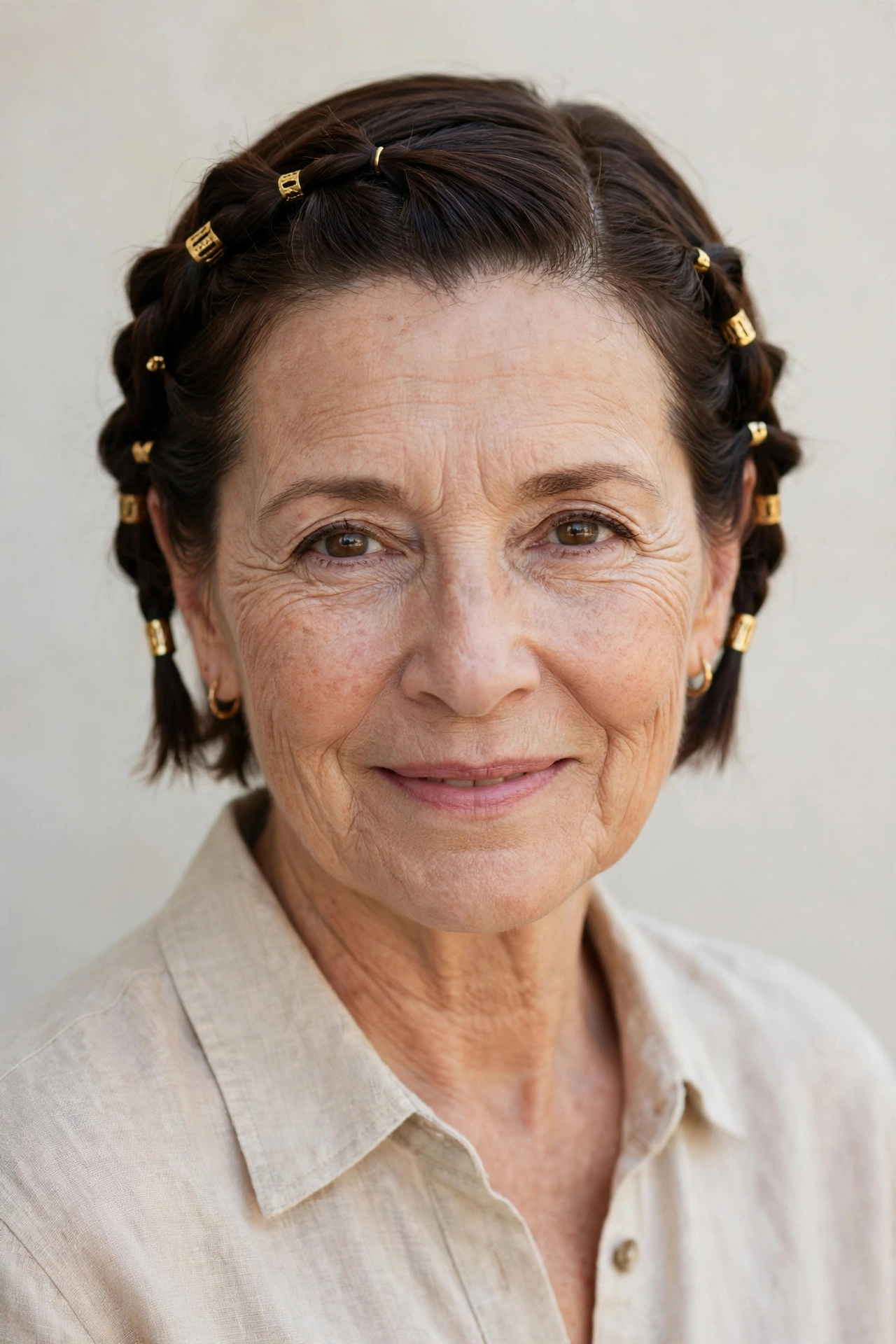 Dark Chocolate Valentine Braided Hairstyles with Short Hair and Pins with Small Gold Cuffs