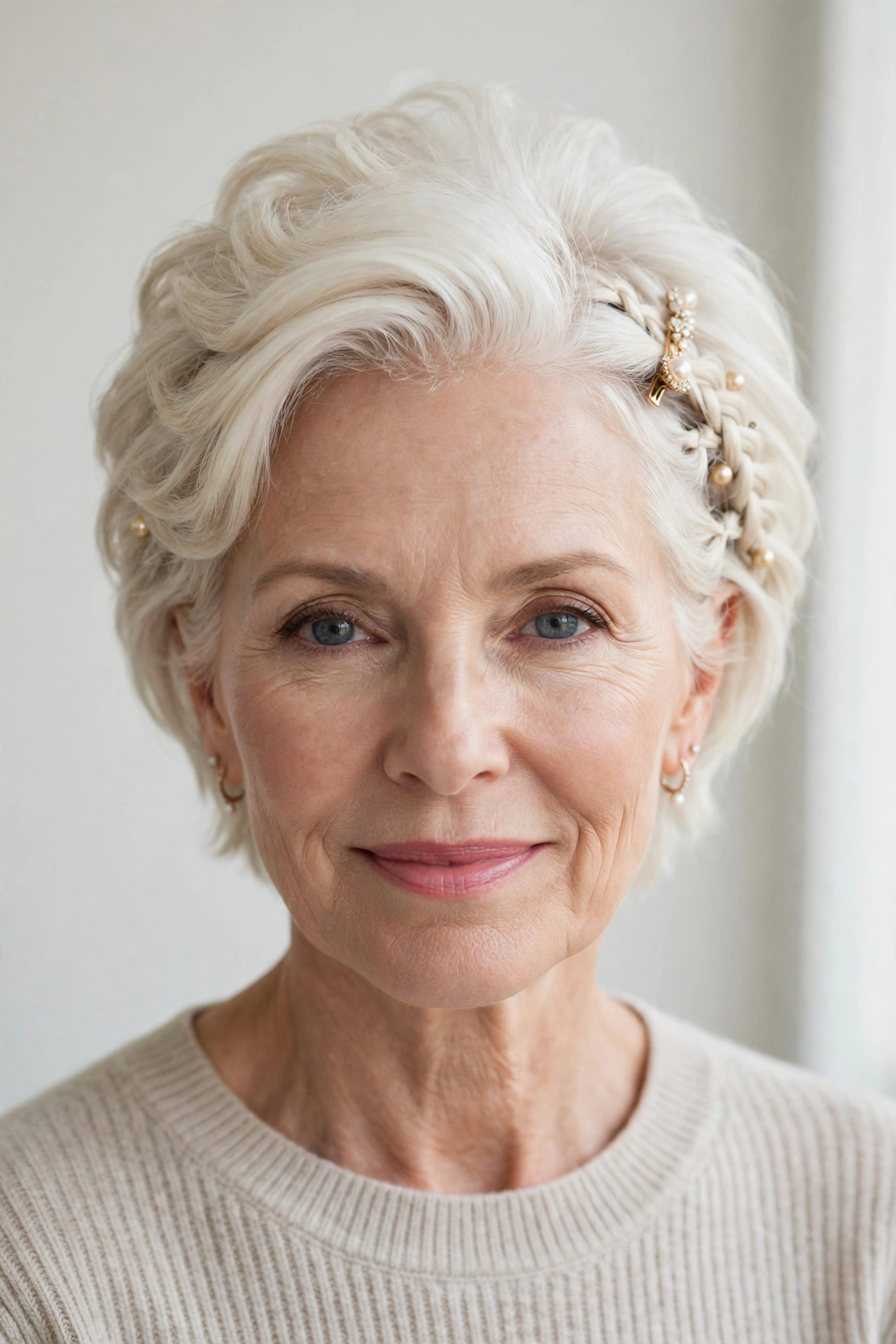 Valentine Braided Hairstyles with Short Hair and Pins in platinum blonde with a voluminous at the roots finish