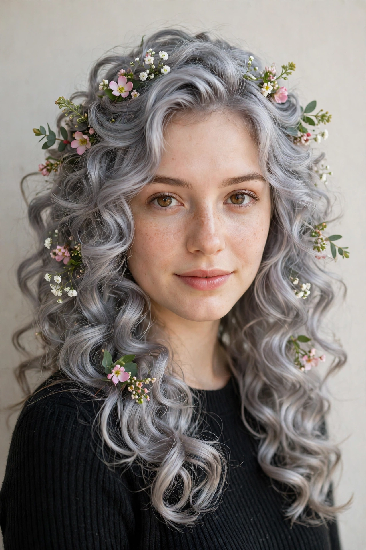 20 Valentine Date Night Hairstyles for Women in Their 20s with Bouncy Curls That Are Romantic, Chic and Easy to Wear 2 Silver Valentine Date Night Hairstyles with Bouncy Curls with Tiny Fresh Flowers